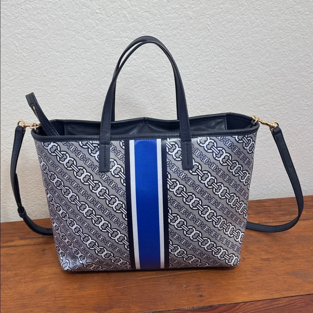 Tory Burch Gimini Link Canvas Satchel Navy and White Patterned Tote.